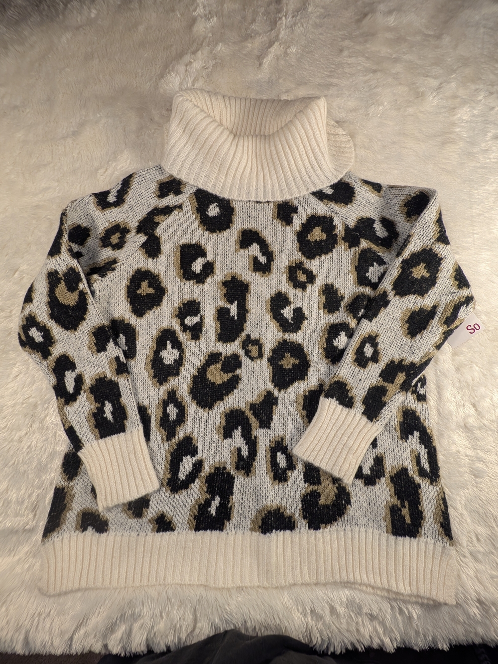 SO Cream Leopard Print Turtleneck Sweater with Black and Tan Spots